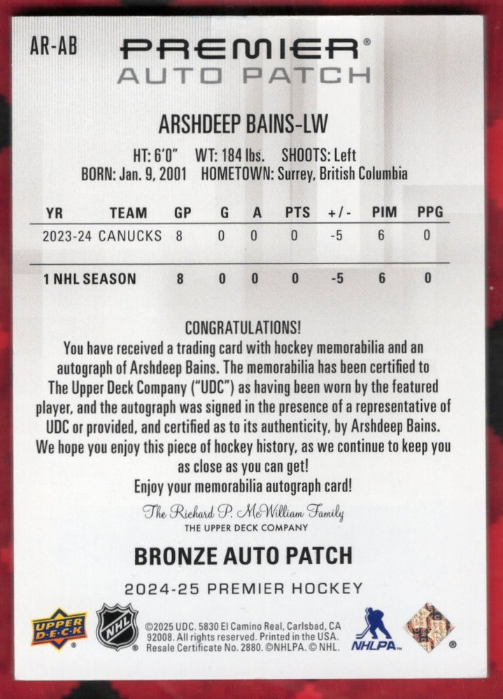 2024-25 Upper Deck Premier Premier Auto Patch Ar-Ab Rookie Rc Auto Arshdeep Bains /249