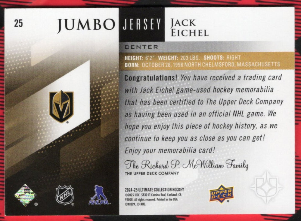 2024-25 Upper Deck Ultimate Collection Jumbo Jersey #25 Jack Eichel /199
