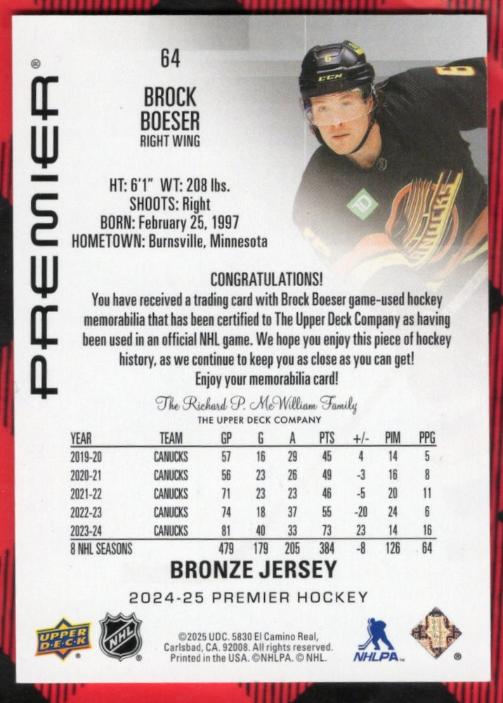 2024-25 Upper Deck Premier Bronze Jersey #64 Brock Boeser
