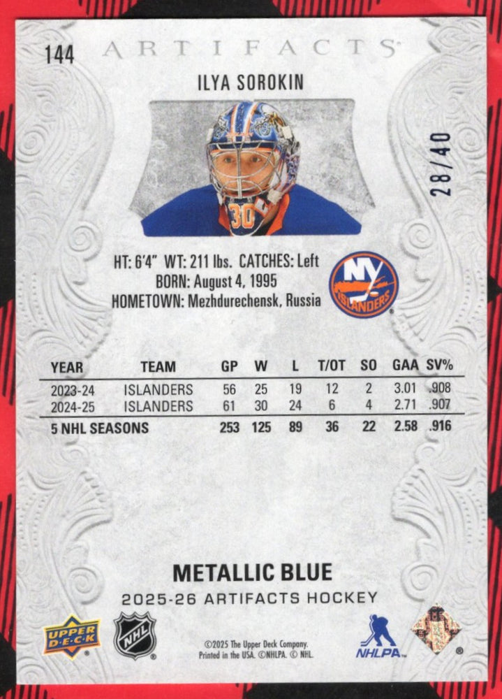 2025-26 Upper Deck Artifacts Metallic Blue #144 Ilya Sorokin /40