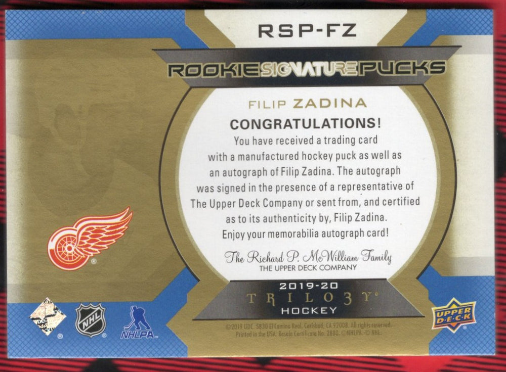 2019-20 Upper Deck Trilogy Rookie Signature Pucks Rsp-Fz Rookie Rc Auto Filip Zadina