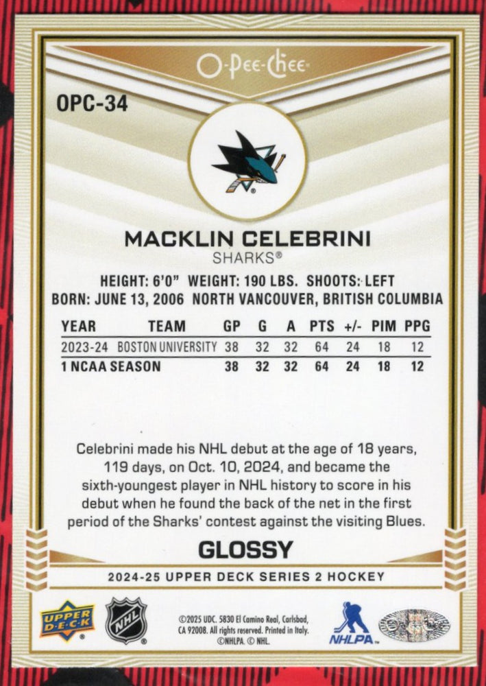 2024-25 Upper Deck Series 2 Glossy Opc-34 Rookie Rc Macklin Celebrini