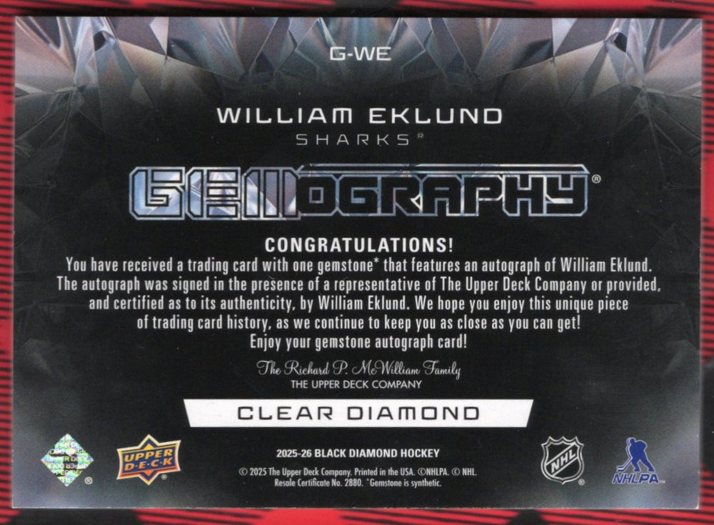 2025-26 Upper Deck Black Diamond Gemography G-We Auto William Eklund /25