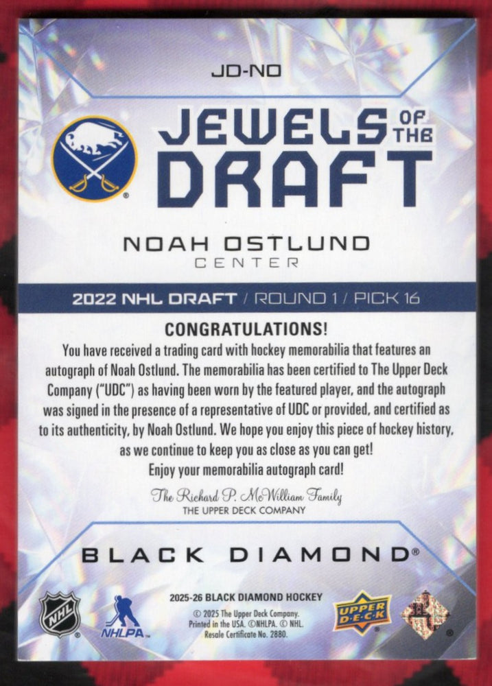 2025-26 Upper Deck Black Diamond Jewels Of The Draft Dd-No Rookie Rc Auto Noah Ostlund /49