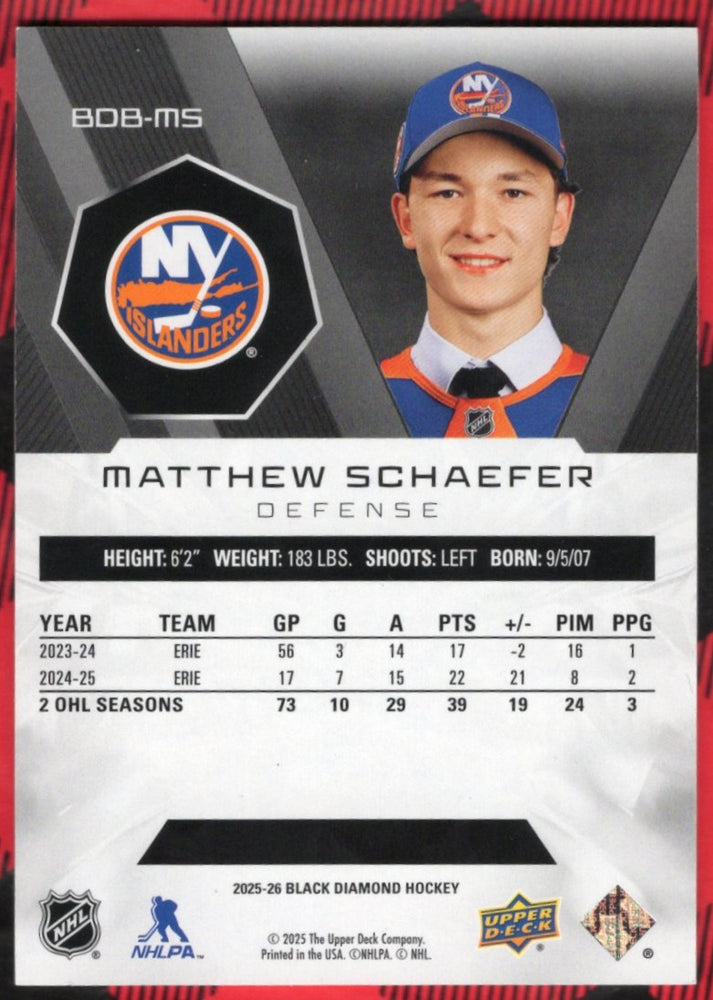 2025-26 Upper Deck Black Diamond Bdb-Ms Rookie Rc Matthew Schaefer /349
