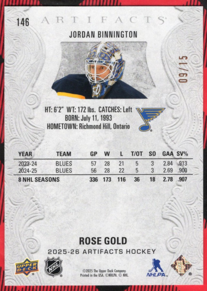 2025-26 Upper Deck Artifacts Rose Gold #146 Jordan Binnington /15