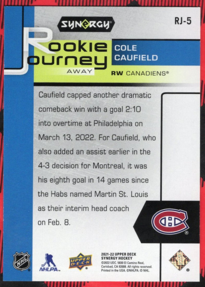 2021-22 Upper Deck Synergy Rookie Journey Rj-5 Cole Caufield /399