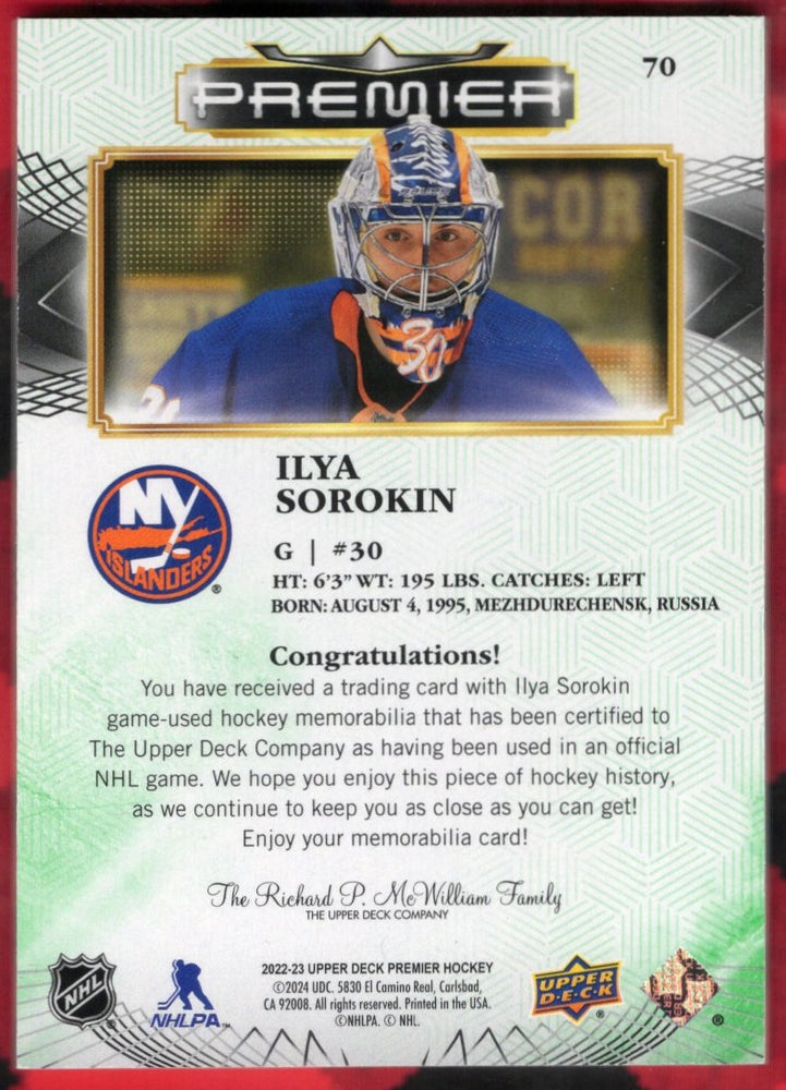 2022-23 Upper Deck Premier Fight Strap #70 Ilya Sorokin (5)/5