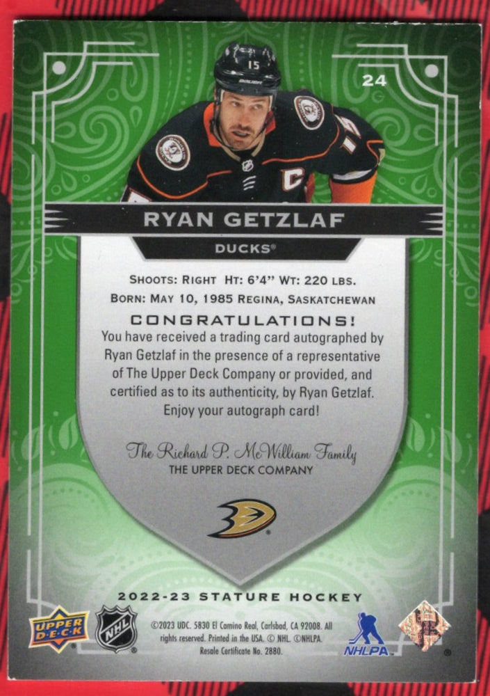 2022-23 Upper Deck Stature Green Hard Auto #24 Auto Ryan Getzlaf (1)/25