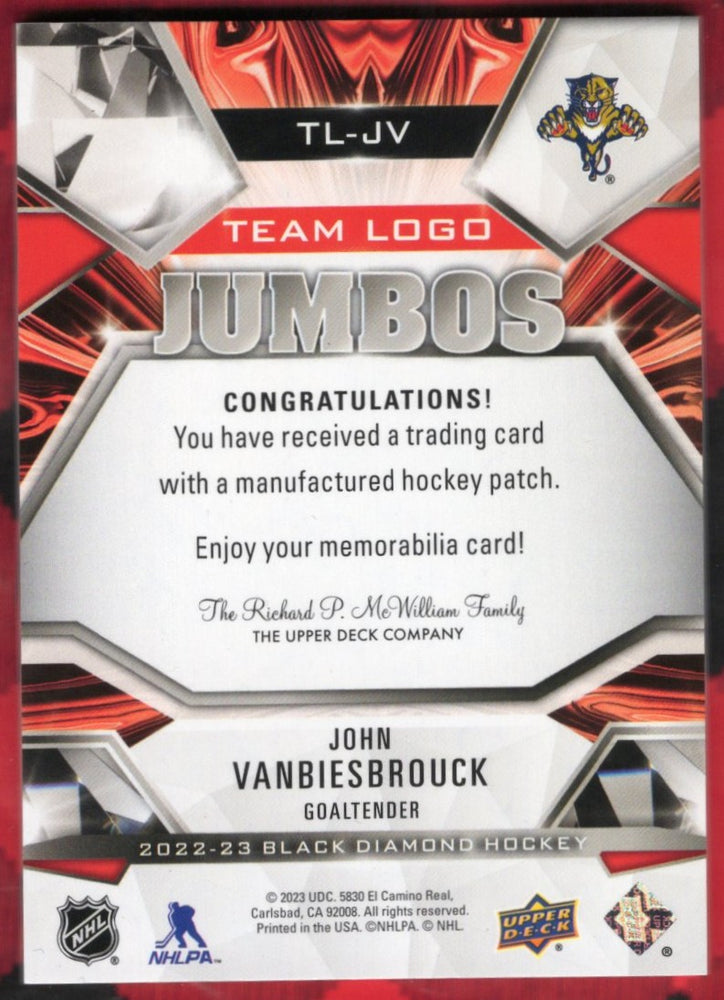 2022-23 Upper Deck Black Diamond Team Logo Jumbos Tl-Jv John Vanbiesbrouck