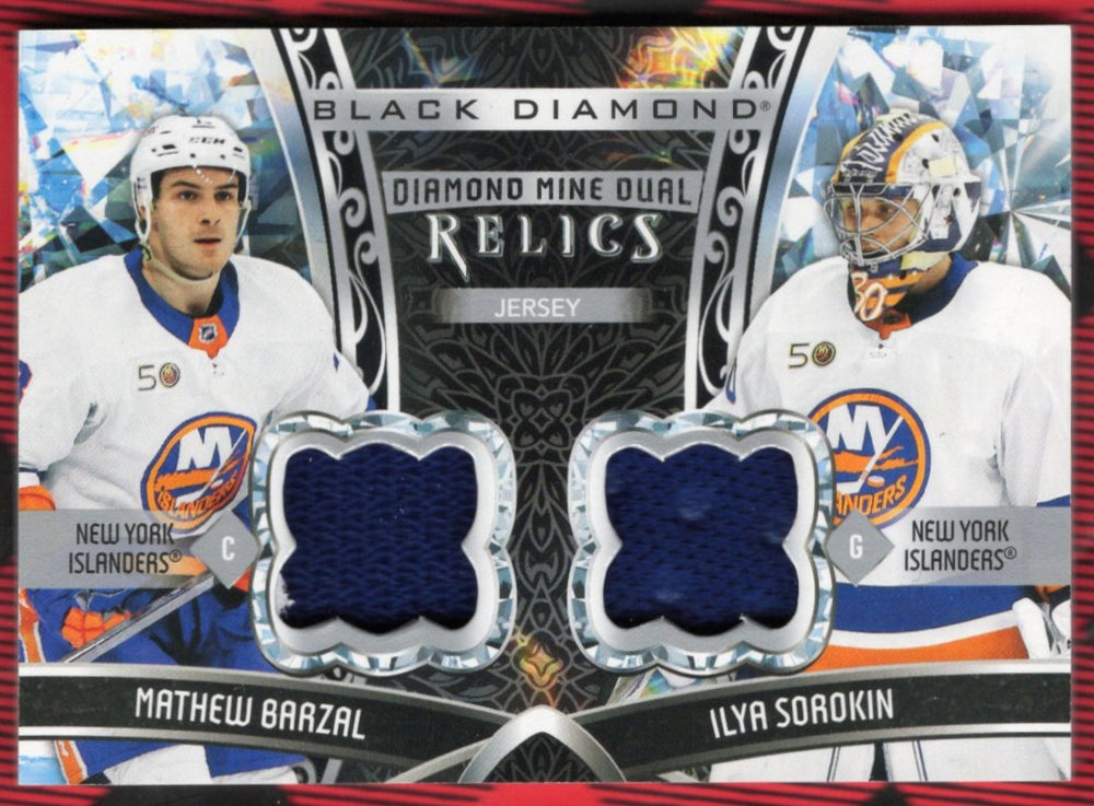 2022-23 Upper Deck Black Diamond Diamond Mine Dual Relics Dmdr-Ms Mathew Barzal Ilya Sorokin