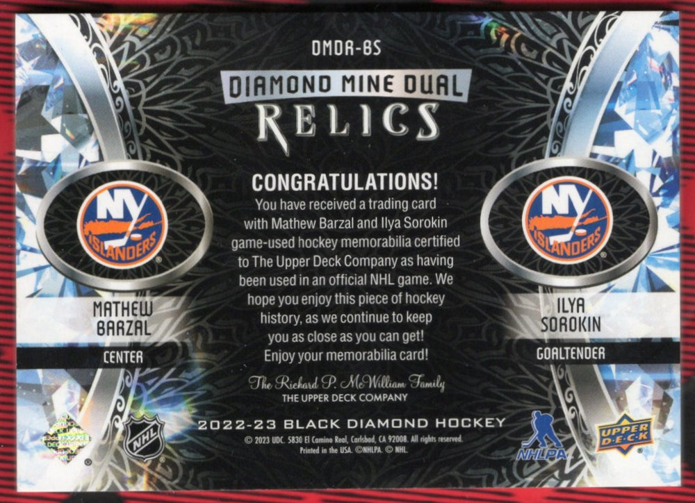 2022-23 Upper Deck Black Diamond Diamond Mine Dual Relics Dmdr-Ms Mathew Barzal Ilya Sorokin