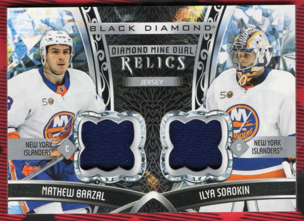 2022-23 Upper Deck Black Diamond Diamond Mine Dual Relics Dmdr-Ms Mathew Barzal Ilya Sorokin