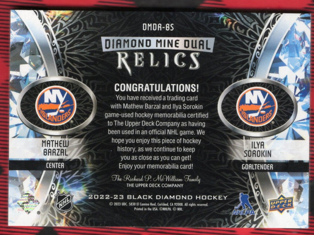 2022-23 Upper Deck Black Diamond Diamond Mine Dual Relics Dmdr-Ms Mathew Barzal Ilya Sorokin