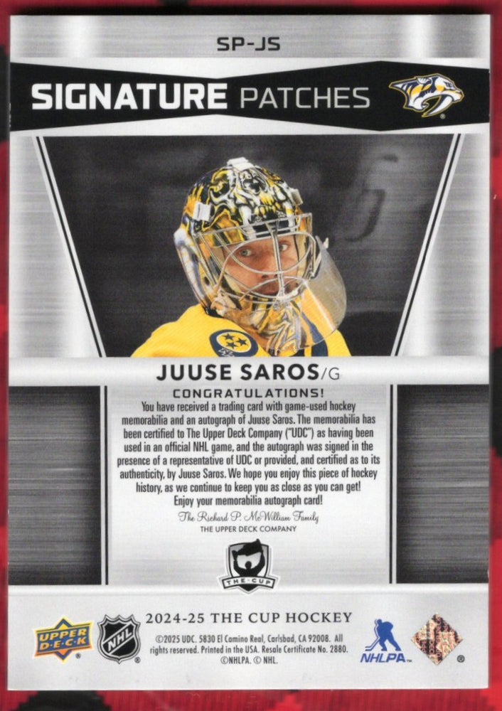 2024-25 Upper Deck The Cup Signature Patches Sp-Js Auto Juuse Saros /99