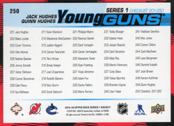 2019-20 Upper Deck Series 1 Young Guns Checklist #250 Rookie Rc Jack Hughes Quinn Hughes
