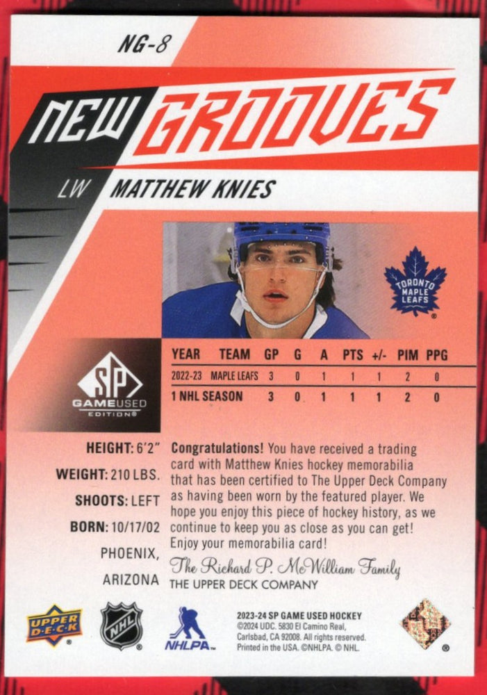 2024-25 Upper Deck Sp Game Used New Grooves Jersey Ng-8 Rookie Rc Matthew Knies