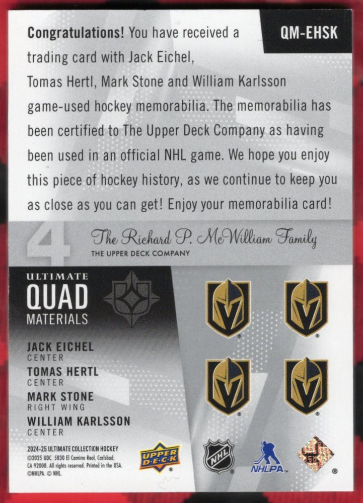 2024-25 Upper Deck Ultimate Collection Ultimate Quad Materials Qm-Ehsk Jack Eichel Tomas Hertl Mark Stone William Karlsson /149