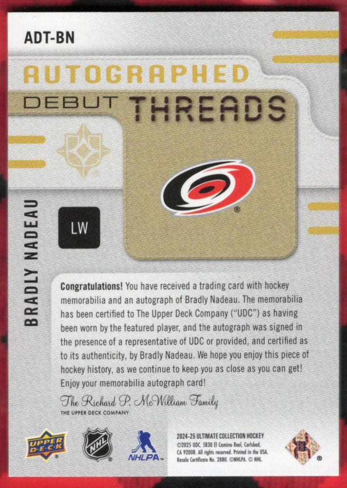 2024-25 Upper Deck Ultimate Collection Autographed Debut Threads Adt-Bn Rookie Rc Auto Bradly Nadeau /199
