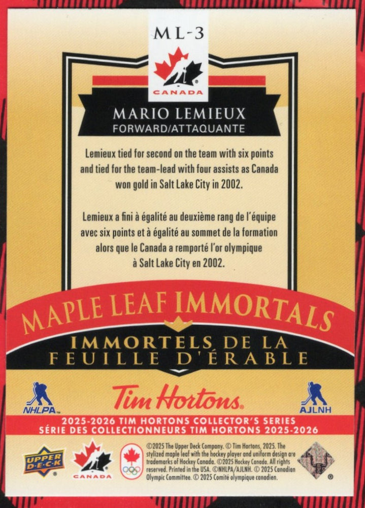 2025-26 Upper Deck Tim Hortons Collectors Series Maple Leaf Immortals Ml-3 Mario Lemeiux
