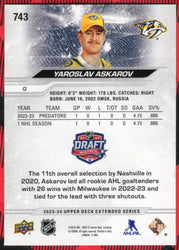 2023-24 Upper Deck Extended Nhl Draft Deluxe #743 Rookie Rc Yaroslav Askarov /250