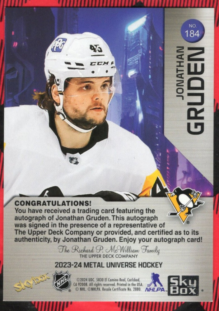 2023-24 Skybox Metal Universe Rookie Auto #184 Rookie Rc Auto Jonathan Gruden /399