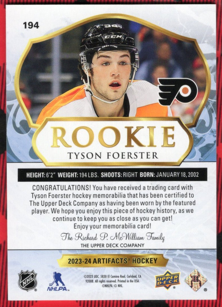 2023-24 Upper Deck Artifacts Rookie Dual Patch #194 Rookie Rc Tyson Foerster /399