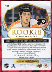 2023-24 Upper Deck Artifacts Rookie Dual Patch #194 Rookie Rc Tyson Foerster /399