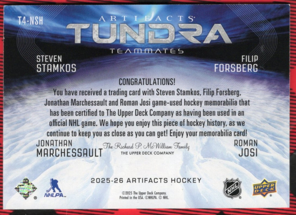 2025-26 Upper Deck Artifacts Tundra Teammates T4-Nsh Steven Stamkos Jonathan Marchessault Filip Forsberg Roman Josi /49