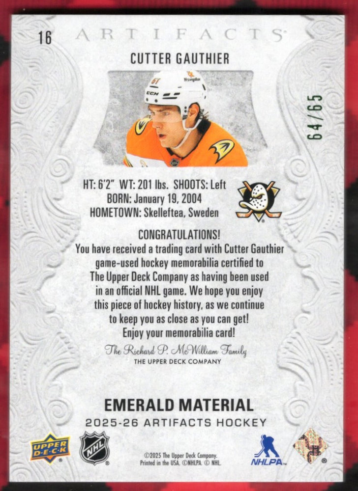 2024-26 Upper Deck Artifacts Emerald Material #16 Cutter Gauthier /65