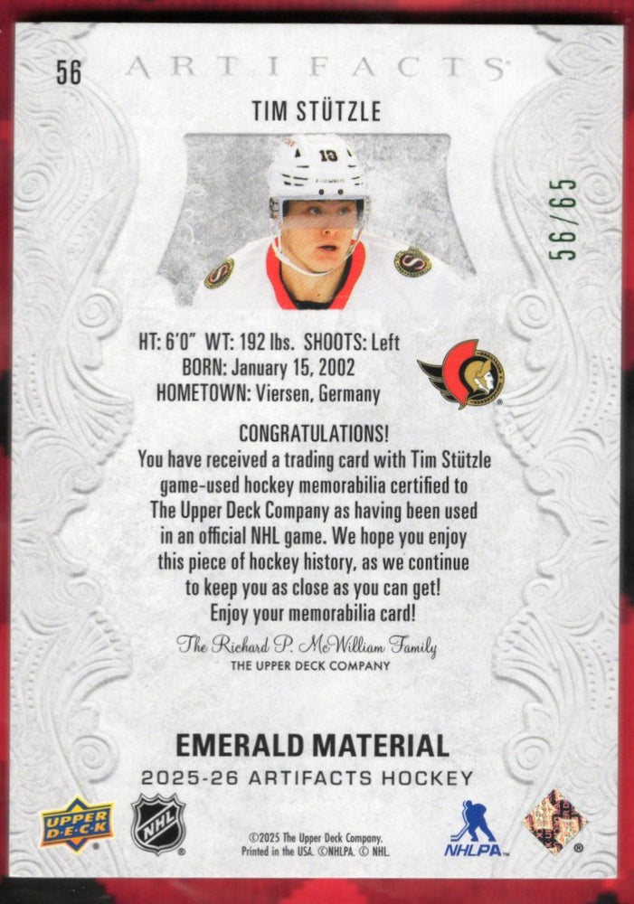 2025-26 Upper Deck Artifacts Emerald Material #56 Tim Stutzle /65