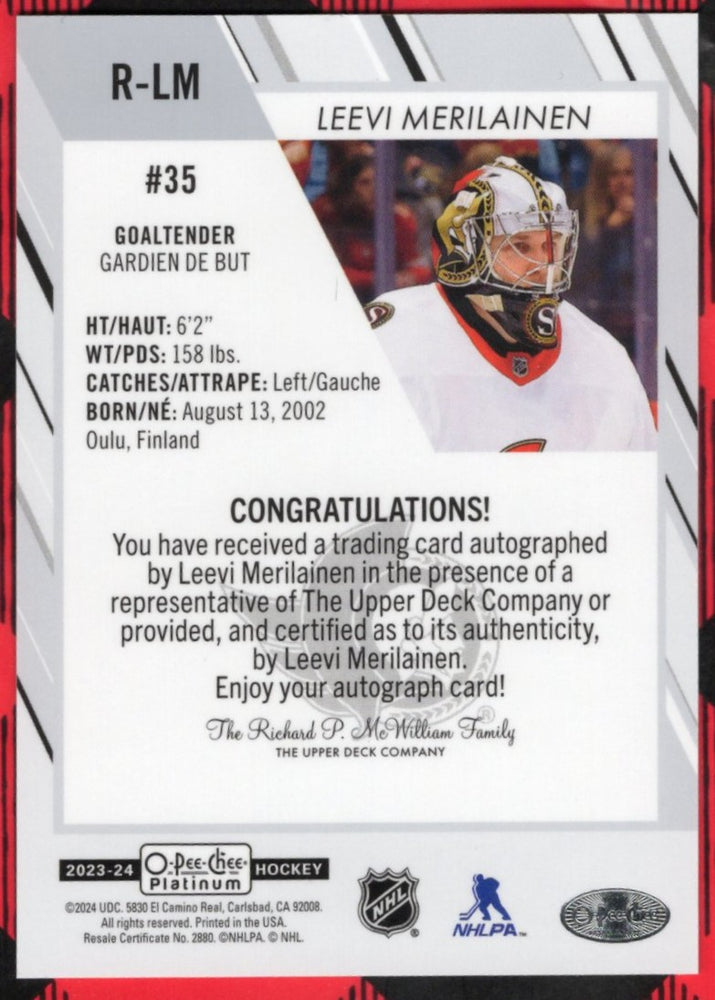 2023-24 Upper Deck O-Pee-Chee Platinum Rookie Autographs R-Lm Rookie Rc Auto Leevi Merilainen