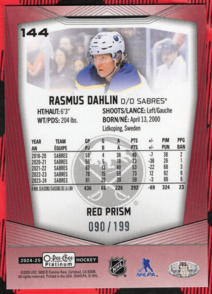 2024-25 Upper Deck O-Pee-Chee Platinum Red Prism #144 Rasmus Dahlin /199