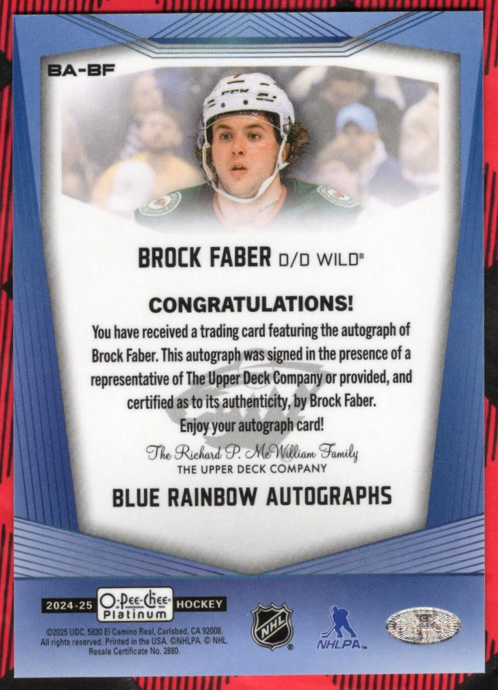 2024-25 Upper Deck O-Pee-Chee Platinum Blue Rainbow Autographs Ba-Bf Auto Brock Faber