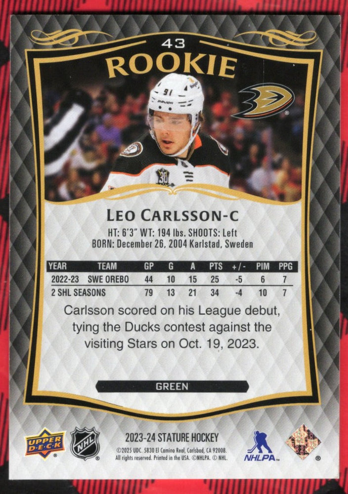 2023-24 Upper Deck Stature Green Rookie #43 Rookie Rc Leo Carlsson /375