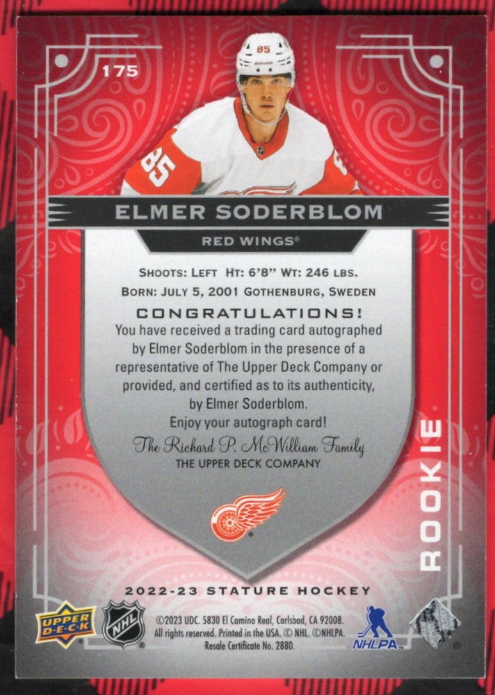 2023-24 Upper Deck Stature Red Auto Rookie #175 Rookie Rc Auto Elmer Soderblom /5