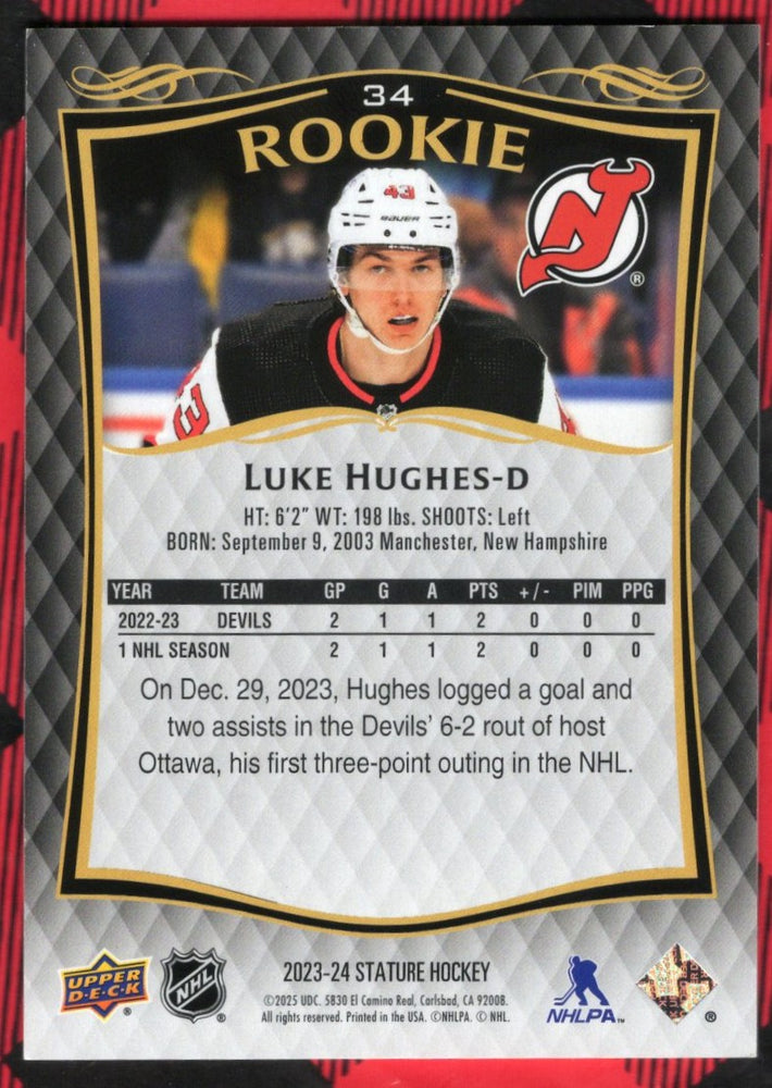2023-24 Upper Deck Stature #34 Rookie Rc Luke Hughes /999