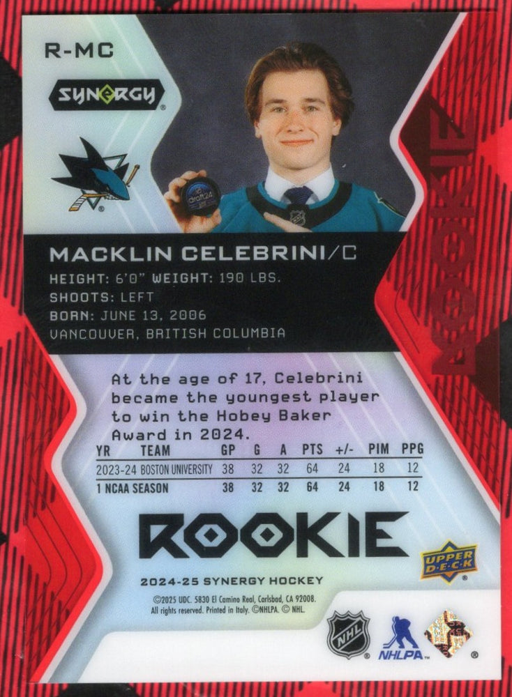 2024-25 Upper Deck Synergy Red Extended Rookie R-Mc Rookie Rc Macklin Celebrini