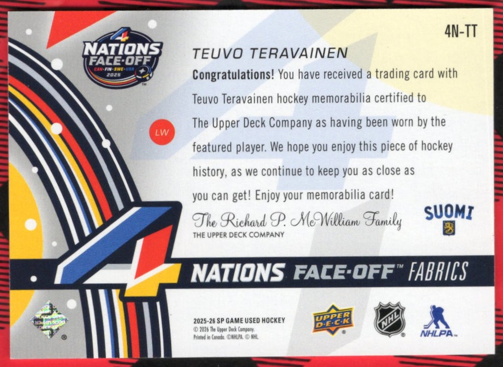 2025-26 Upper Deck Sp Game Used 4 Nations Face Off Fabrics 4N-Tt Teuvo Teravainen