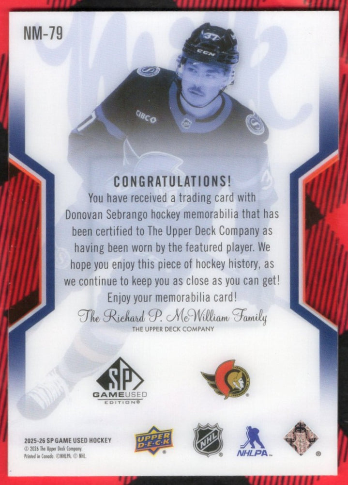 2025-26 Upper Deck Sp Game Used Nhl Masters Rookie Nm-79 Rookie Rc Donovan Sebrango /199