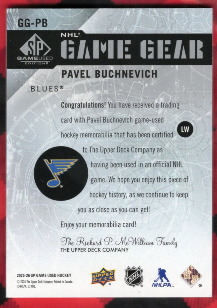 2025-26 Upper Deck Sp Game Used Nhl Game Gear Gg-Pb Pavel Buchnevich /100