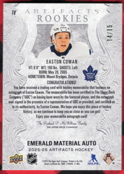 2025-26 Upper Deck Artifacts Emerald Material Auto Iv Rookie Rc Auto Easton Cowan /15