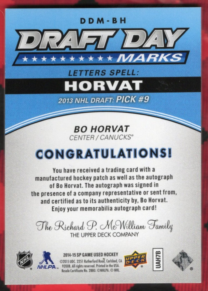 2014-15 Upper Deck Sp Game Used Draft Day Marks Ddm-Bh Rookie Rc Auto Bo Horvat (1)/35