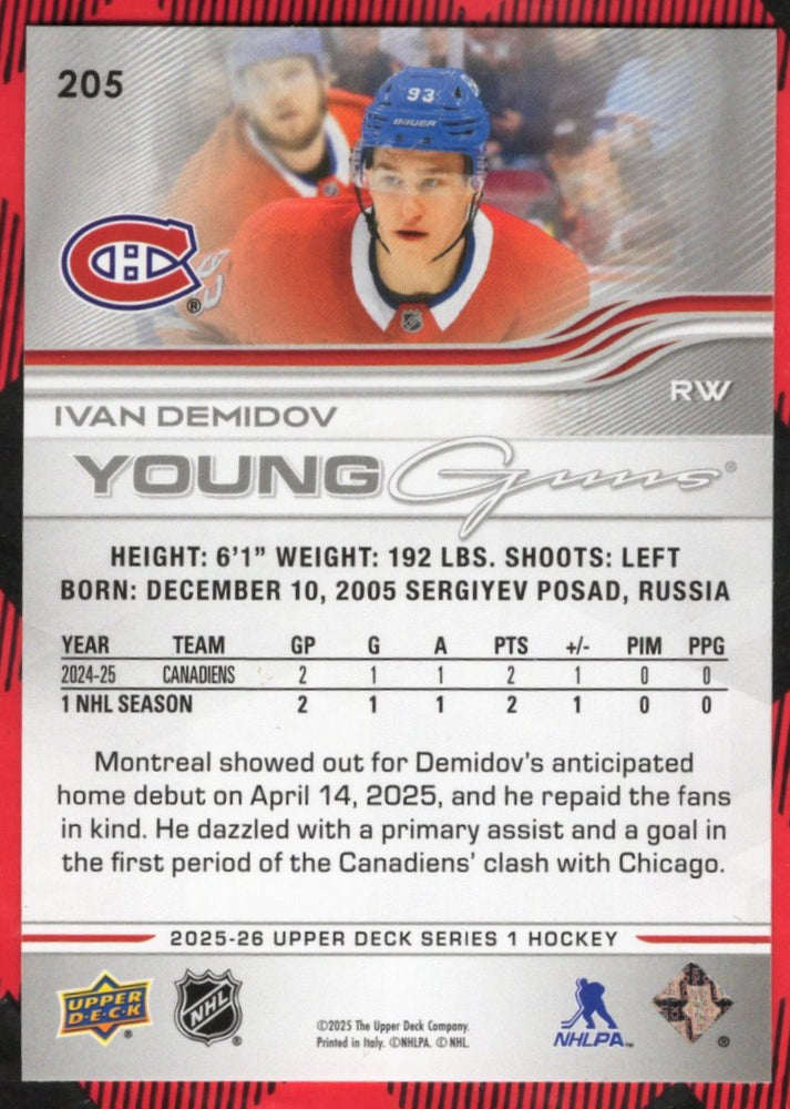 2025-26 Upper Deck Series 1 Young Guns #205 Rookie Rc Ivan Demidov