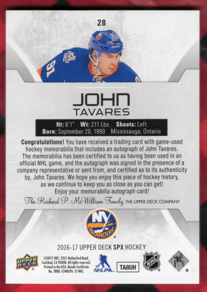 2016-17 Upper Deck Spx #28 Auto John Tavares /25