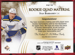 2017-18 Upper Deck Exquisite Collection Rookie Quad Material Rq-18 Rookie Rc Ivan Barbashev (5)/5