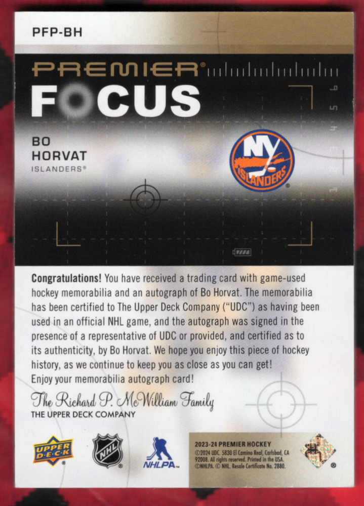 2023-24 Upper Deck Premier Premier Focus Pfp-Bh Auto Bo Horvat /15