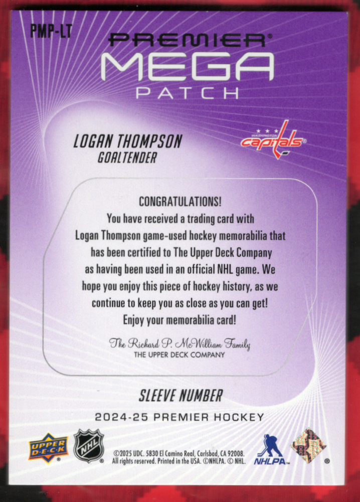 2024-25 Upper Deck Premier Premier Mega Patch Pmp-Lt Logan Thompson /6