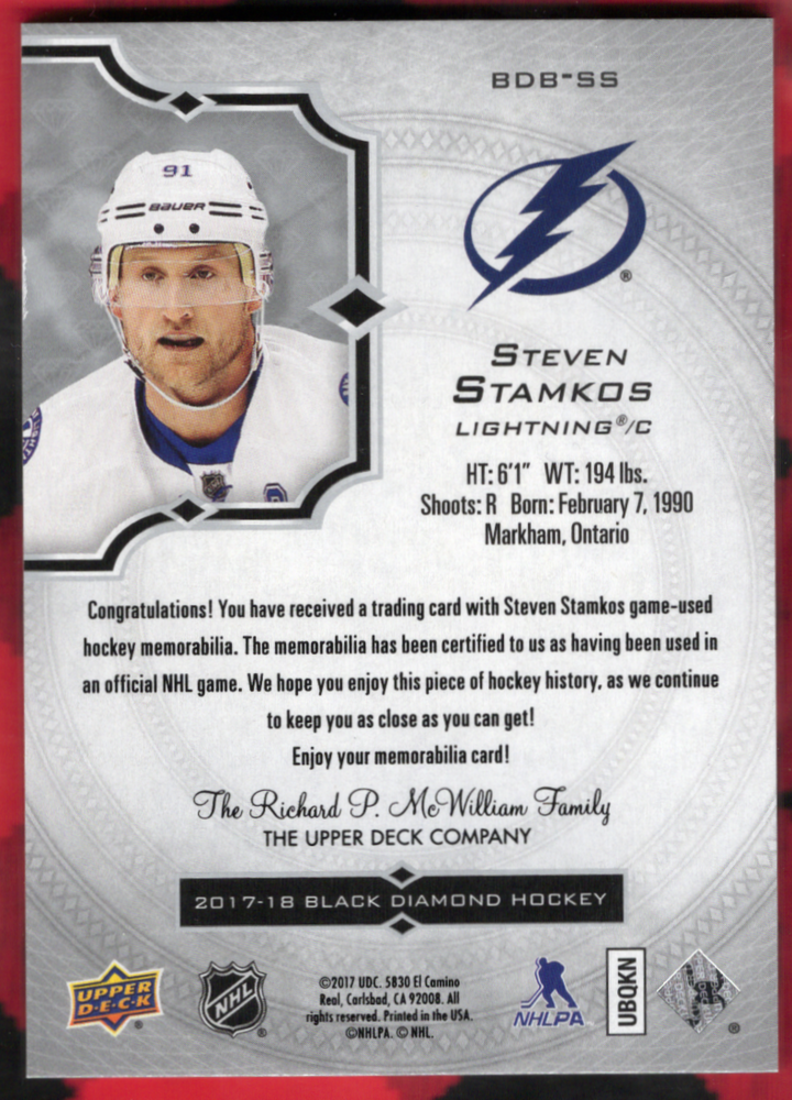 2017-18 Upper Deck Black Diamond Relics Bdb-Ss Steven Stamkos /149