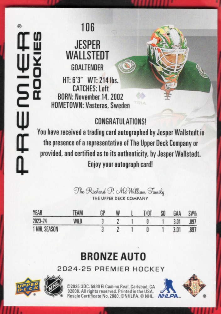 2024-25 Upper Deck Premier Bronze Auto #106 Rookie Rc Auto Jesper Wallstedt